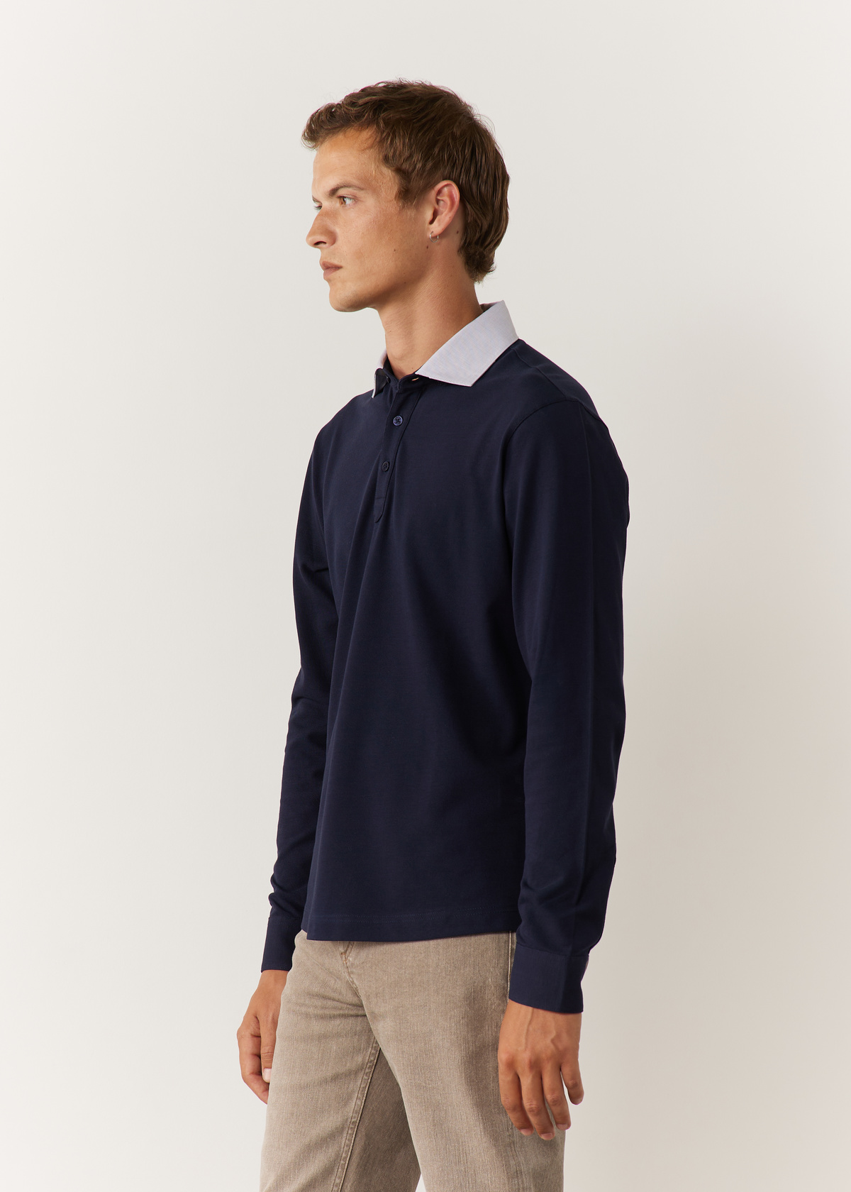 Polo manches longues Slim en coton uni bleu jeans