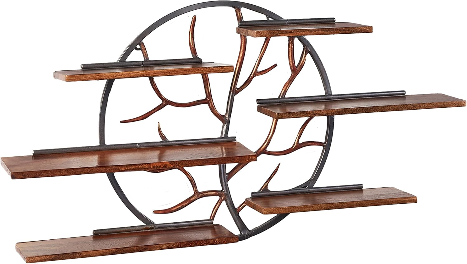 Kobolo Wandregal Eden 115x18x81 cm, Regal aus Mangoholz & und rundem Metallring im Baumdesign, 6 Ablagen, dekoratives Unikat für Wohnzimmer, Flur & Büro, modern, rustikal & naturinspiriert