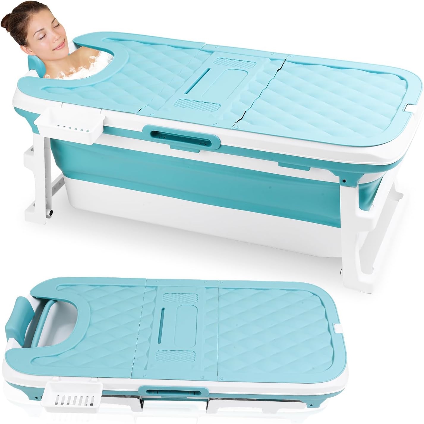 Ikodm Faltbare Badewanne Erwachsene - XL 132x60x50cm, Klappbare mobile Badewanne mit Abdeckung, Massagerollen & Korb, Klappbadewanne für Badezimmer, Dusche und Balkon (Blau)