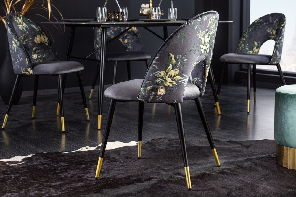 riess-ambiente Stuhl PRÊT-À-PORTER - Design grau Samt florales Muster goldene Fußkappen