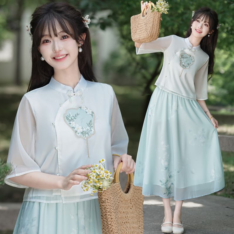Fioridi - Hanfu-top met elleboogmouwen en bloemenborduursel / Midi-A-lijn rok met hoge taille en bloemenprint