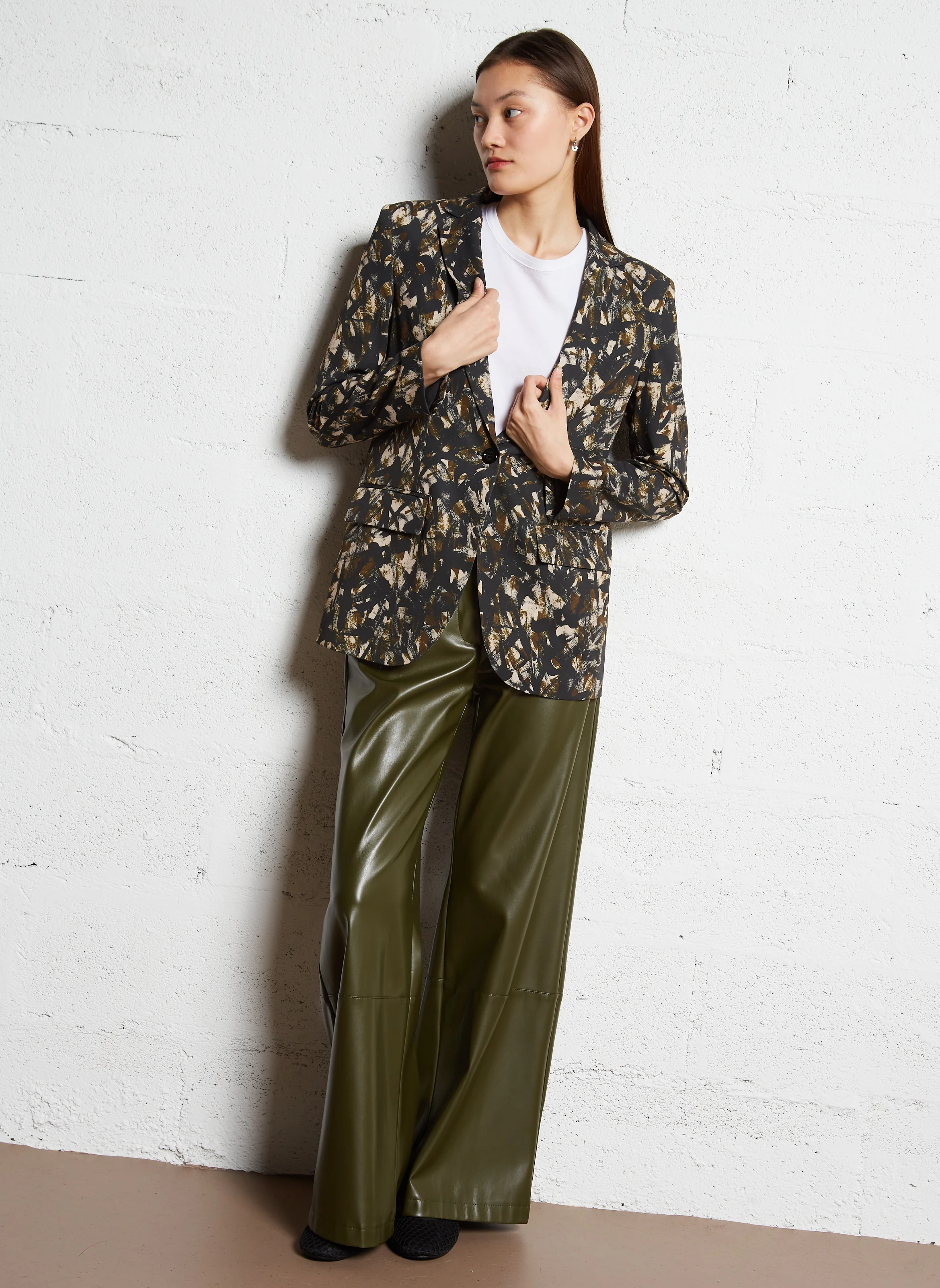 Pantalon large effet cuir | Kaki