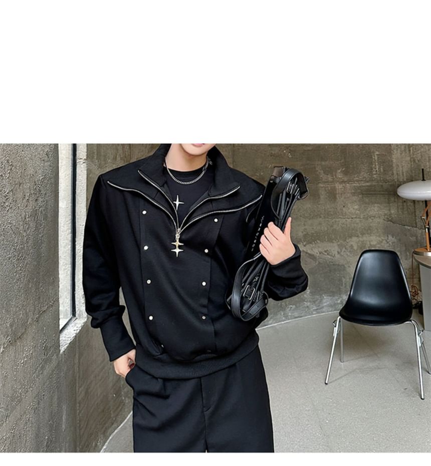 Omozando - Sweatshirt met kraag, effen studs en halve rits