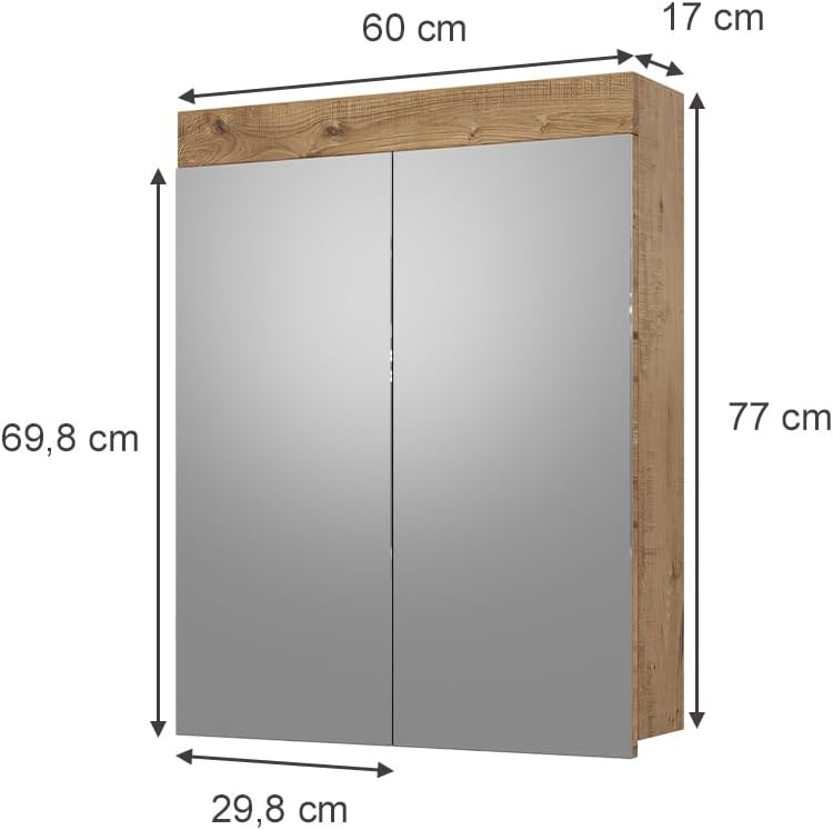 Vicco Badspiegelschrank Eiche Wotan Luna 60x77x17 cm - Badezimmerschrank mit Spiegel, Einfache Wandmontage inkl. Zubehör