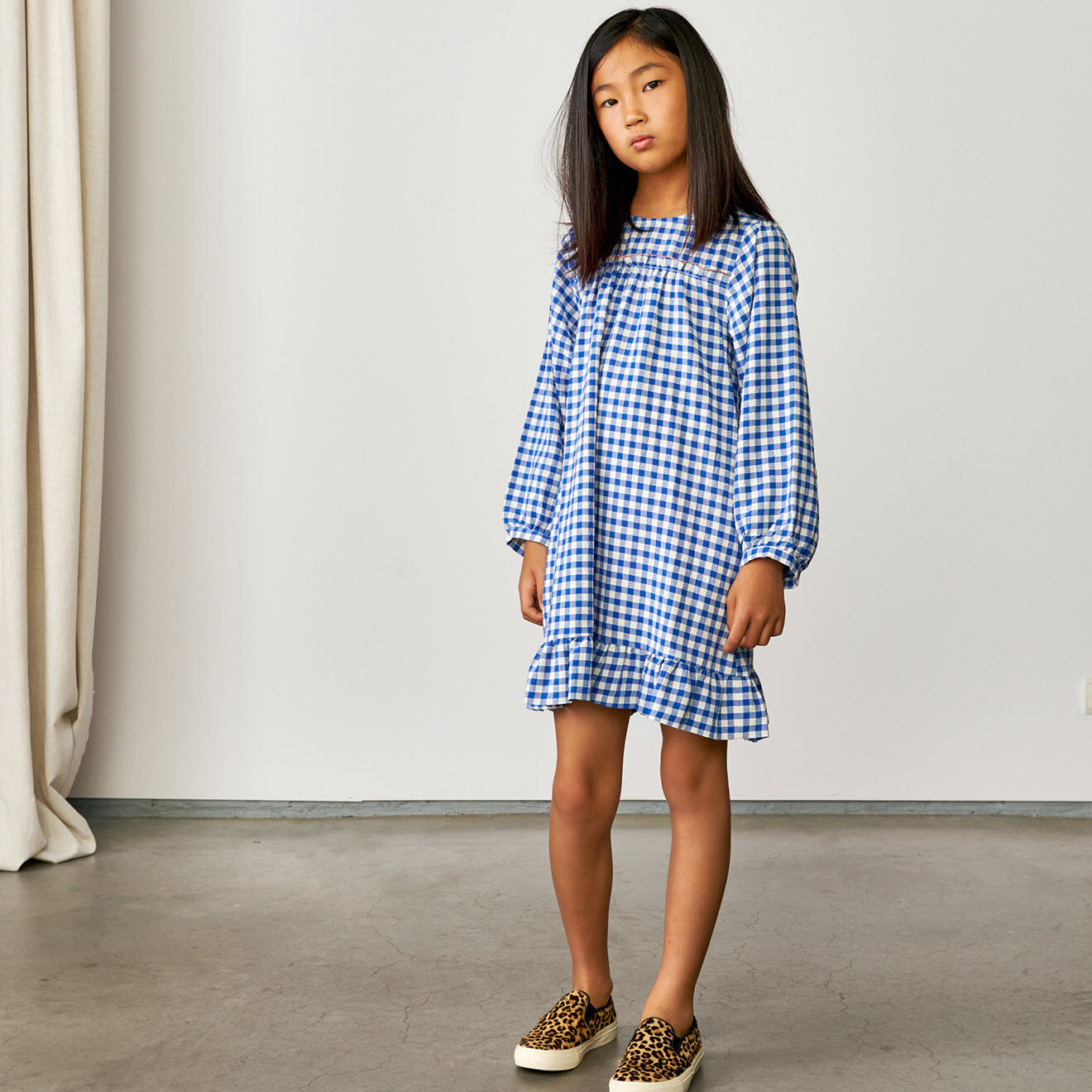 Bellerose Robe courte Pénélope motif vichy à volant bleue