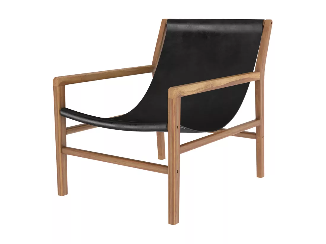 Fauteuil lounge en teck et cuir noir - Apache