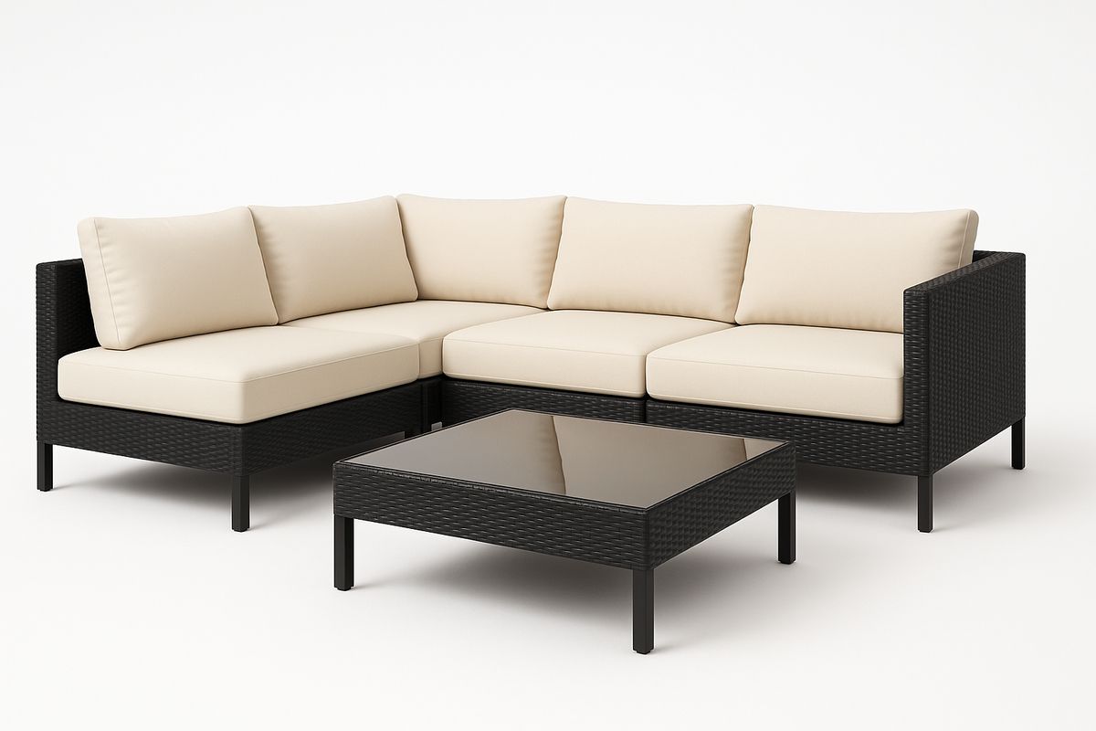 Garten Lounge Set Ecksofa Rattanplatz Glas Couchtisch Aluminium Beige