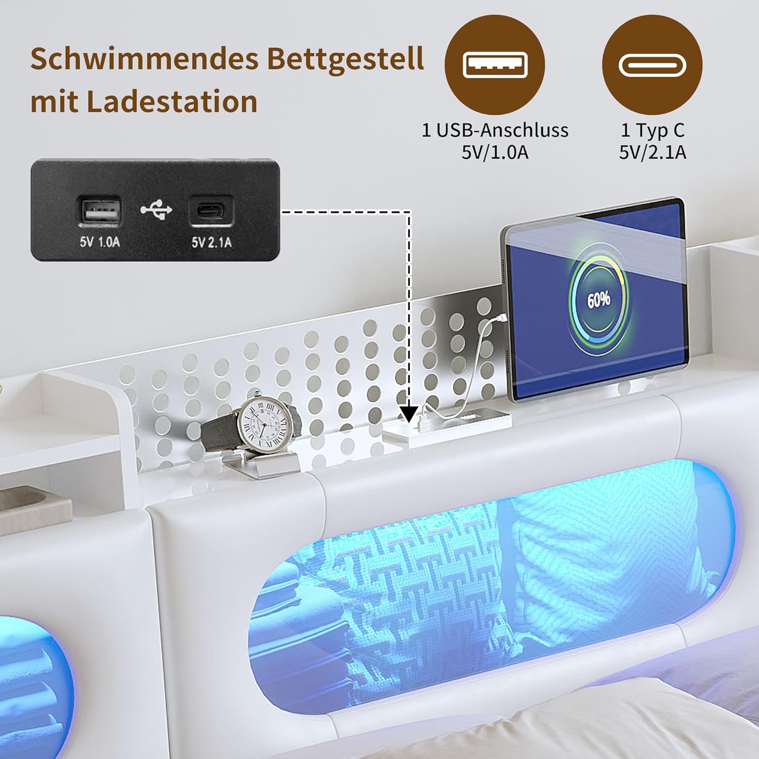 Polsterbett 160x200 mit mit Stauraum, Bett mit LED-Beleuchtung, USB-Anschluss, Eingebauter Stauraum im Kopfteil, Lattenrost, jugendbett, Hydraulisch Stauraumbett, Weiß, PU-Leder