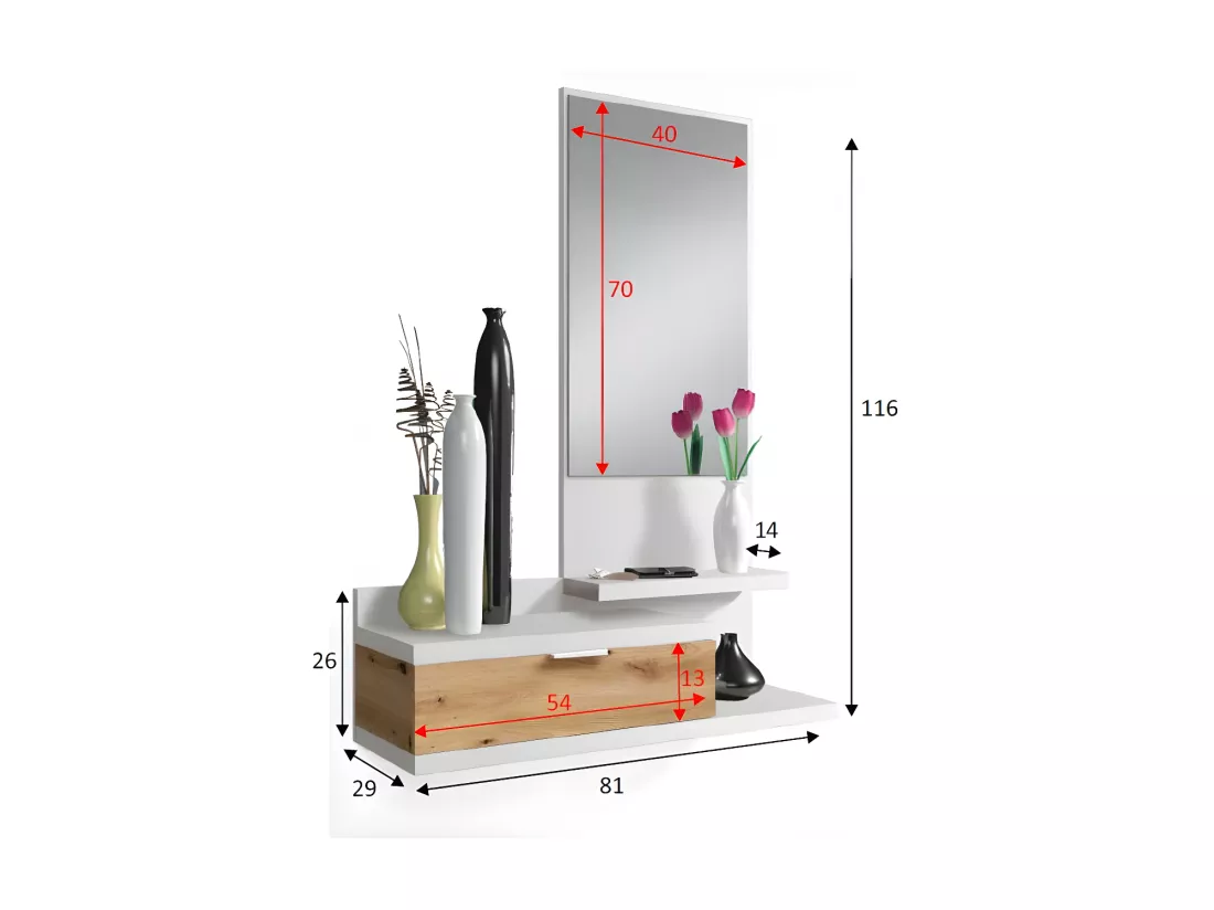 Meuble d'entrée + miroir Blanc/Chêne - IROLA - L 81 x l 29 x H 116 cm