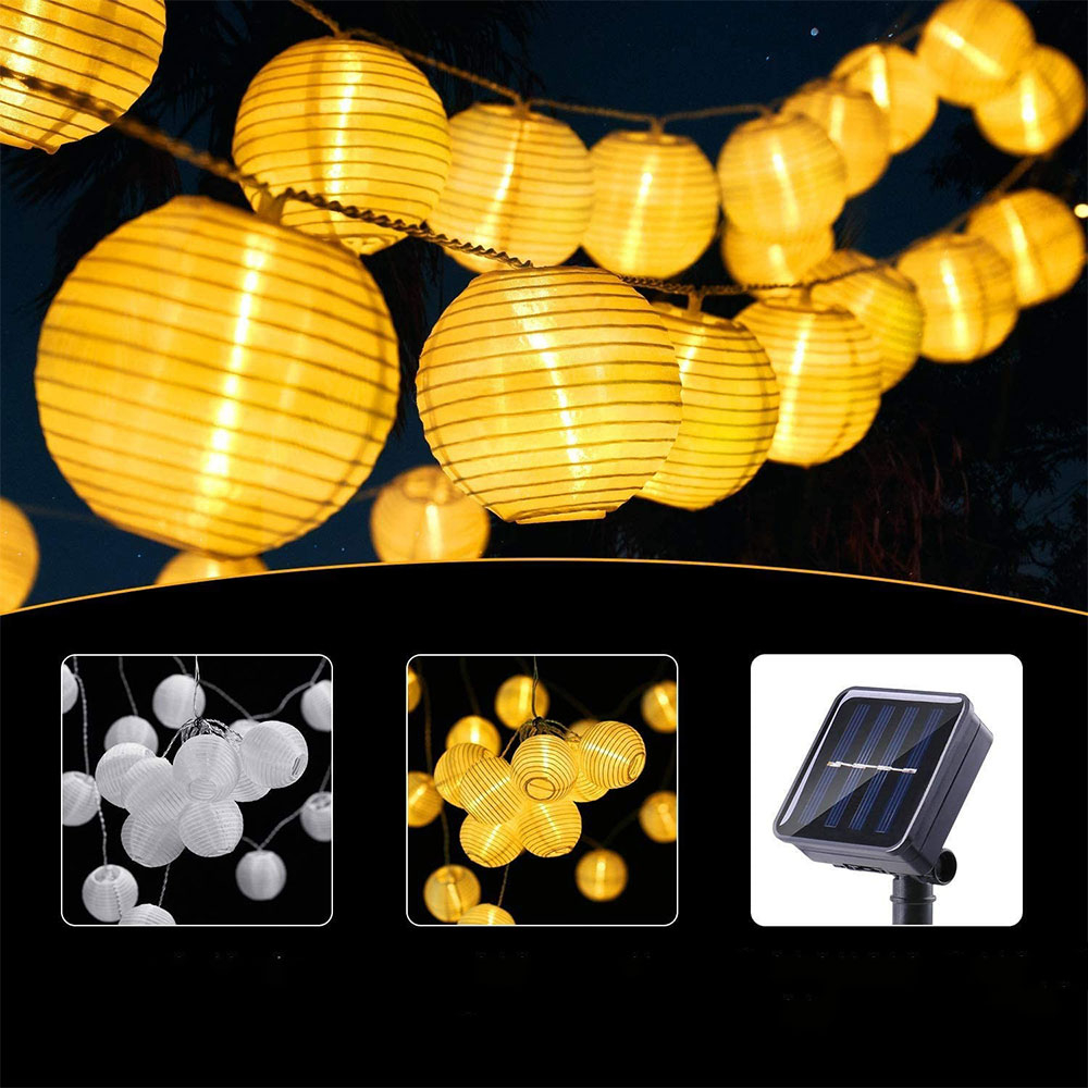 (5m) 20 LED's Papier Deko Solar Lichterkette Lampion Outdoor Beleuchtung IP65 - Warmweiss