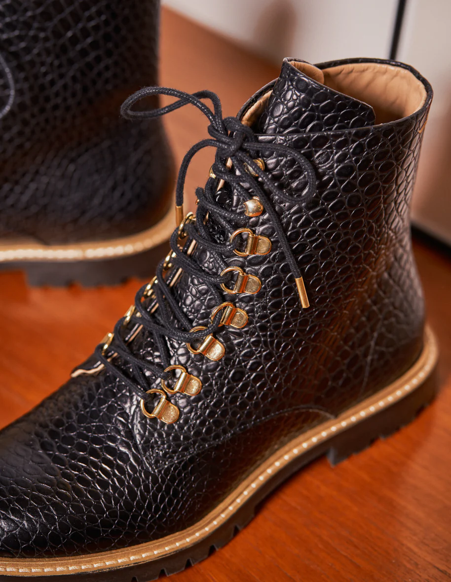 Bottines à lacets Alix - Cuir Croco Noir