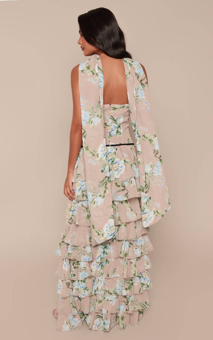 Taupe Robe Longue À Volants Étagés Et Bandeau En Mousseline À Imprimé Fleuri