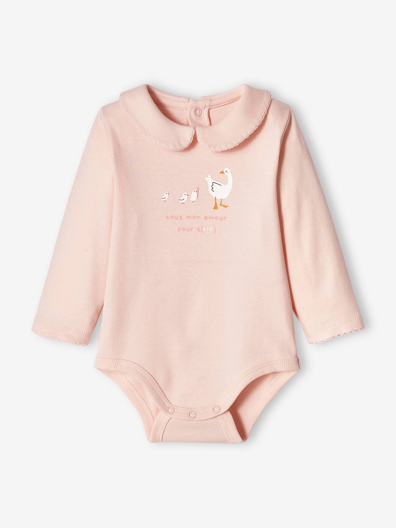 Body de bebê de manga comprida com gola Peter Pan, rosa claro
