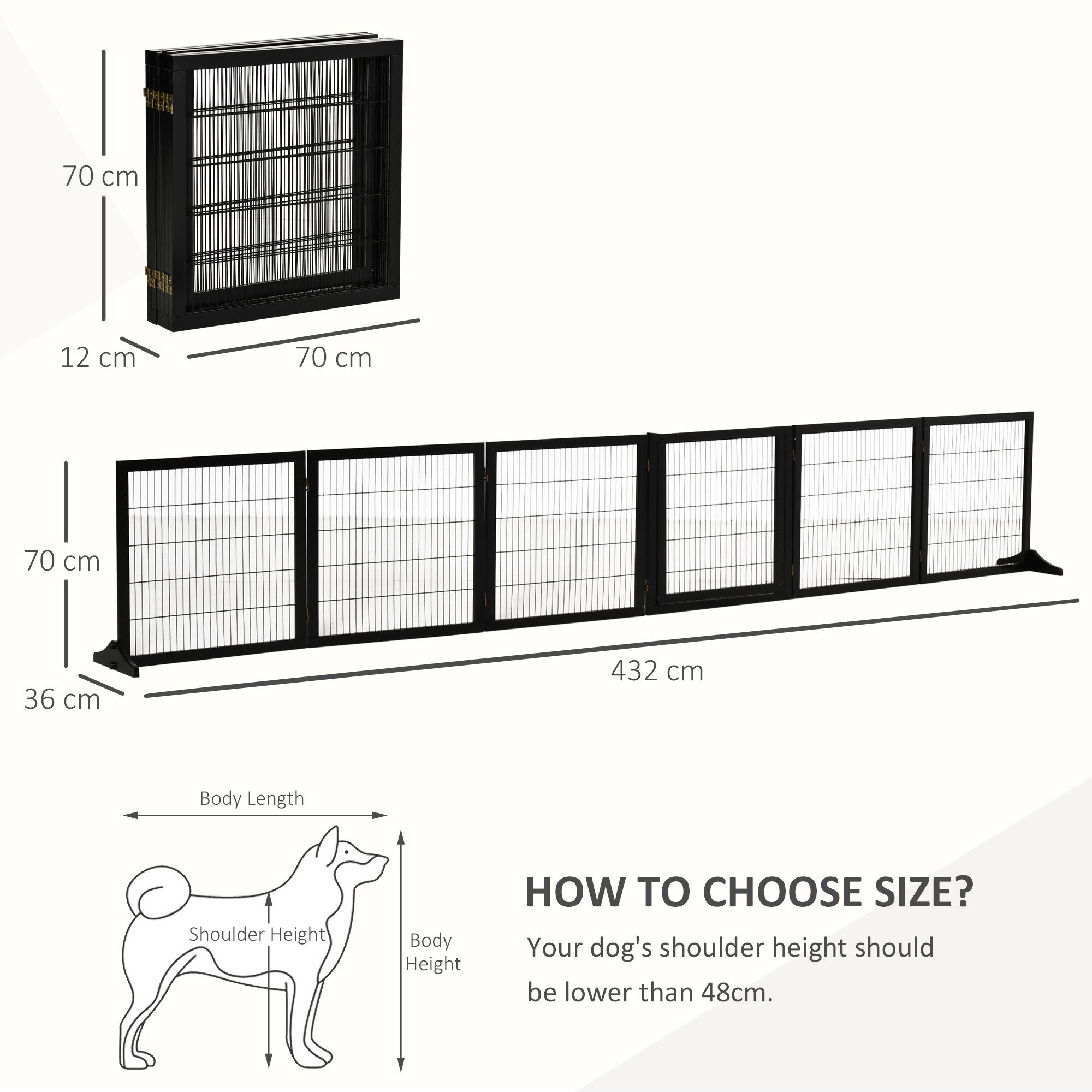 PawHut Türschutzgitter mit sechs separaten Paneelen schwarz 432L x 36B x 70H cm