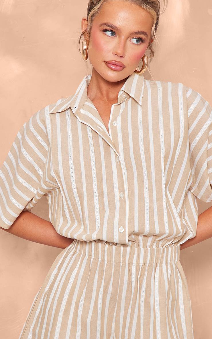 Gris Pierre Combi-short À Détail Chemise Boutonnée Aspect Lin À Fines Rayures