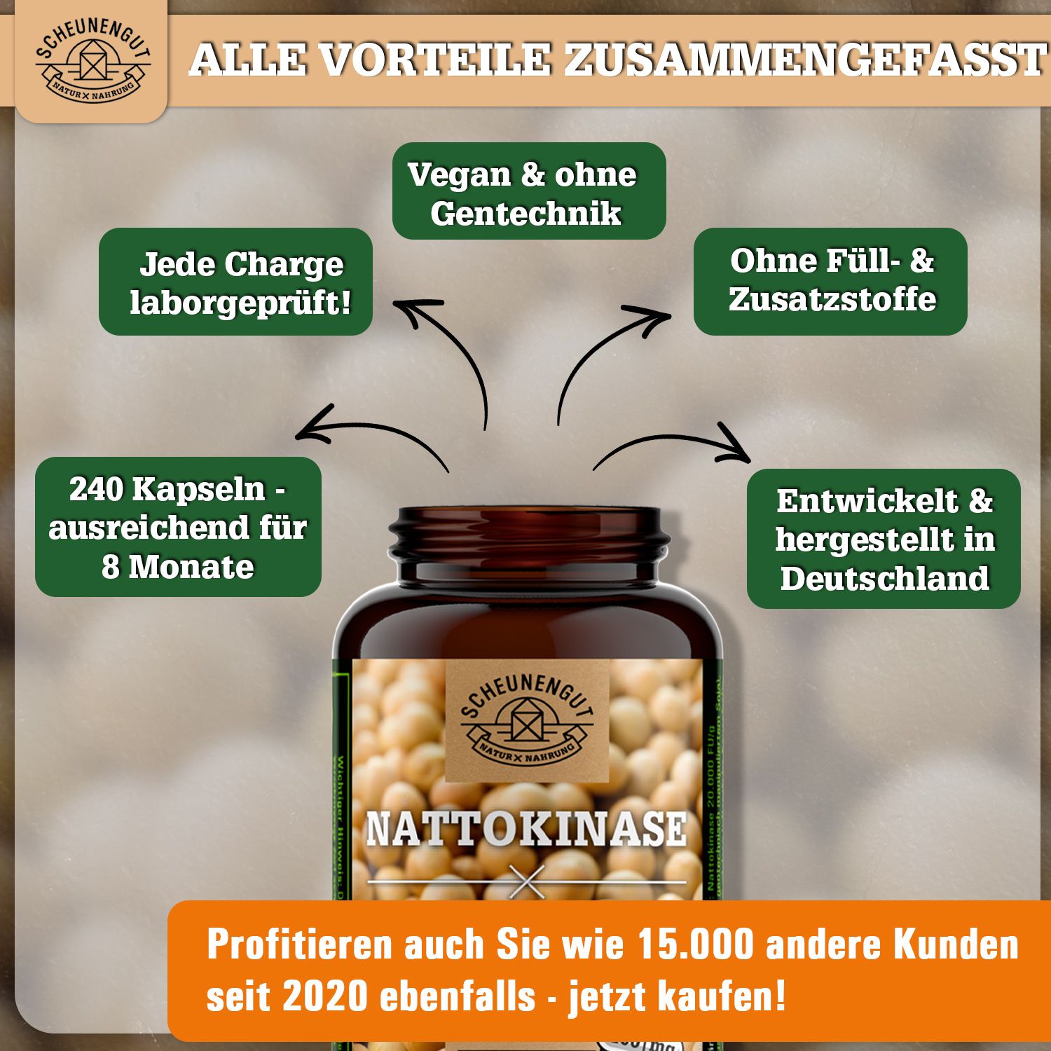 Scheunengut® Nattokinase 20.000 FU/g | pflanzliche Fermentation, 100% rein & vegan