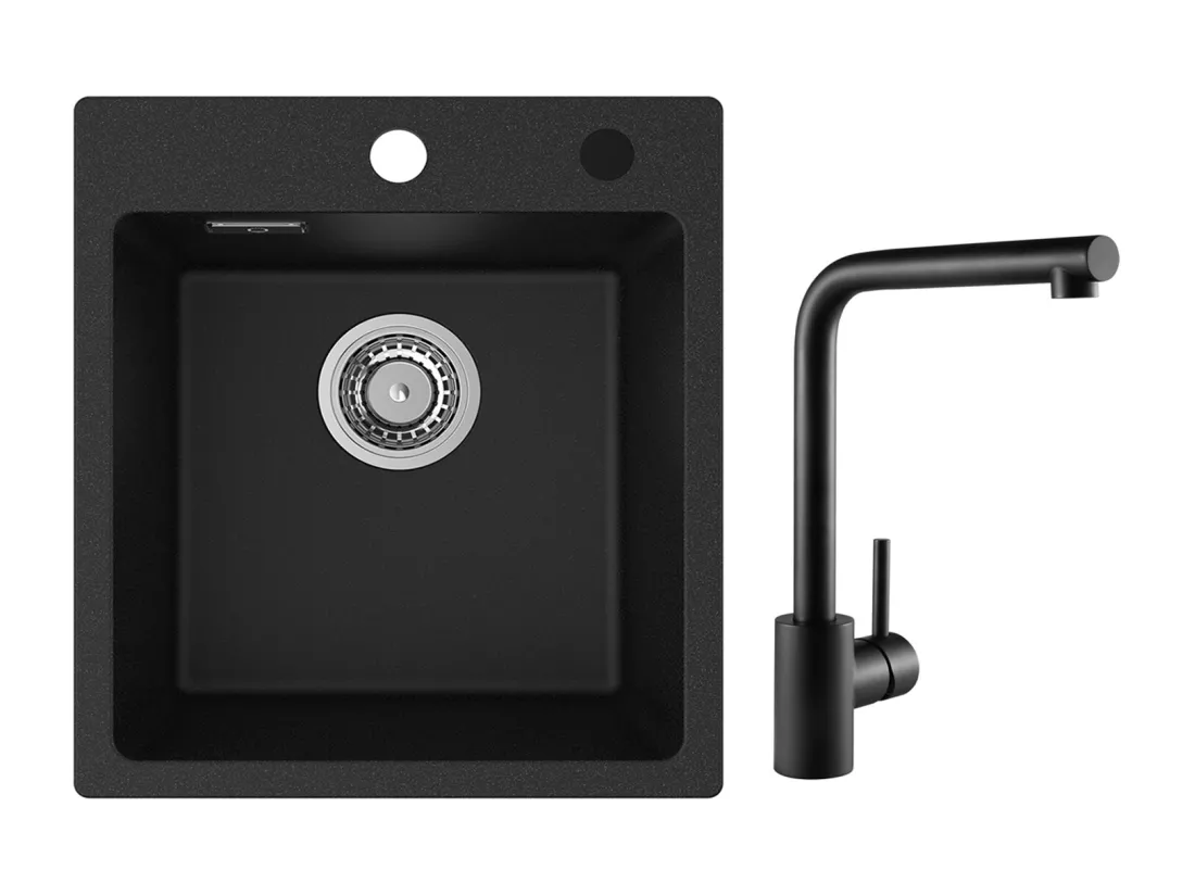 Cecipa MAX 40x45cm Noir Evier de Cuisine en Quartz et Résine Evier 1 Bac + Mitigeur de Evier Noir Rrotatif à 360 °