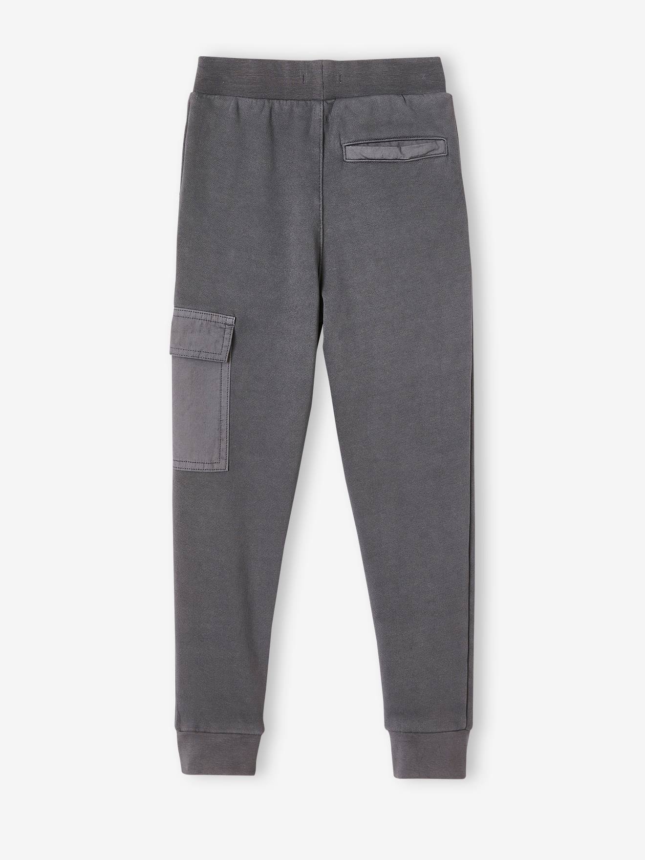 Calça de moletom de dois materiais, lisa em cinza escuro com estampas, para meninos.