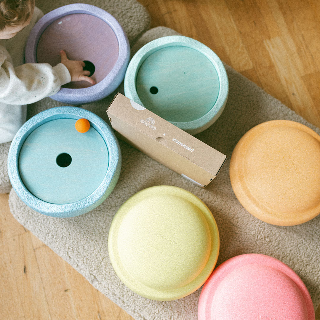 Stapelstein original rainbow pastel met rolling discs - 6st   3st