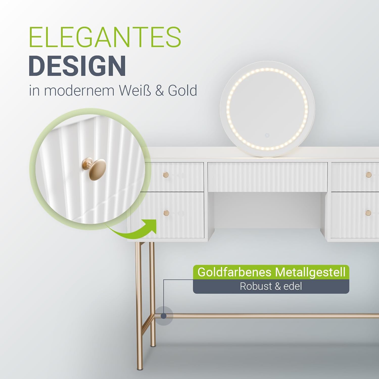 Juskys Schminktisch Samira mit Hocker Tonia & Touch-LED-Spiegel, 5 Schubladen, viel Stauraum, modernes Design, kompakt & pflegeleicht für Make-up – Weiß/Gold