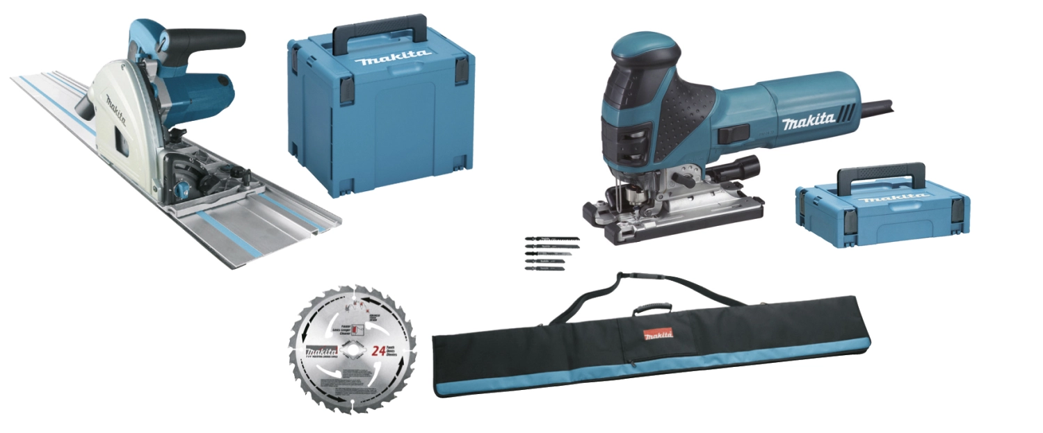 Makita MEU029J Invalzaag incl. geleiderail (SP6000) & Decoupeerzaag (4351FCT) combiset in 2x Mbox
