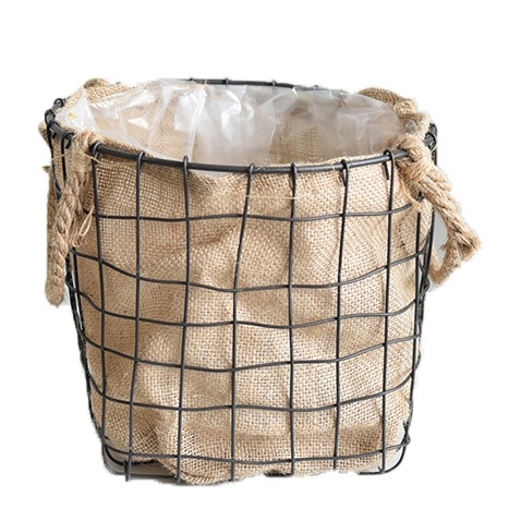 (Ø24x23cm) Jute Blumentopf Metall Korb Hygge Lifestyle Pflanzen Übertopf mit Folie - Braun