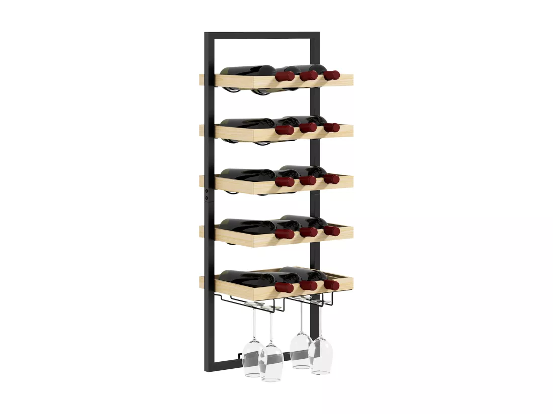 Étagère à bouteille, casier à bouteille mur, 5 niveaux pour 15 bouteilles 4 verres, pour bar à domicile cuisine salon, 35l x 25P x 86H cm, bois de pin, finition bois naturel