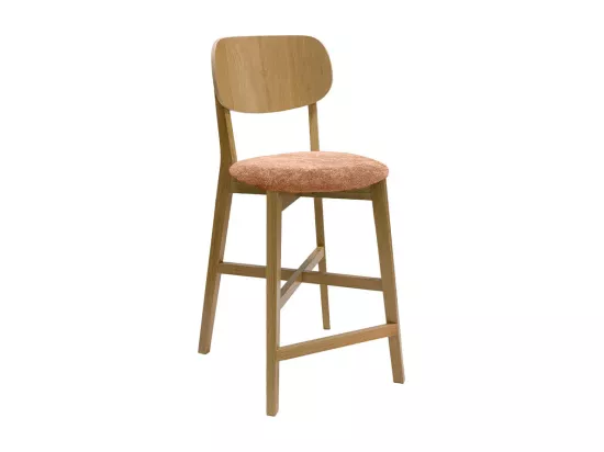 Tabouret de bar en bois clair chêne et tissu effet velours terracotta H65 cm LUCIA