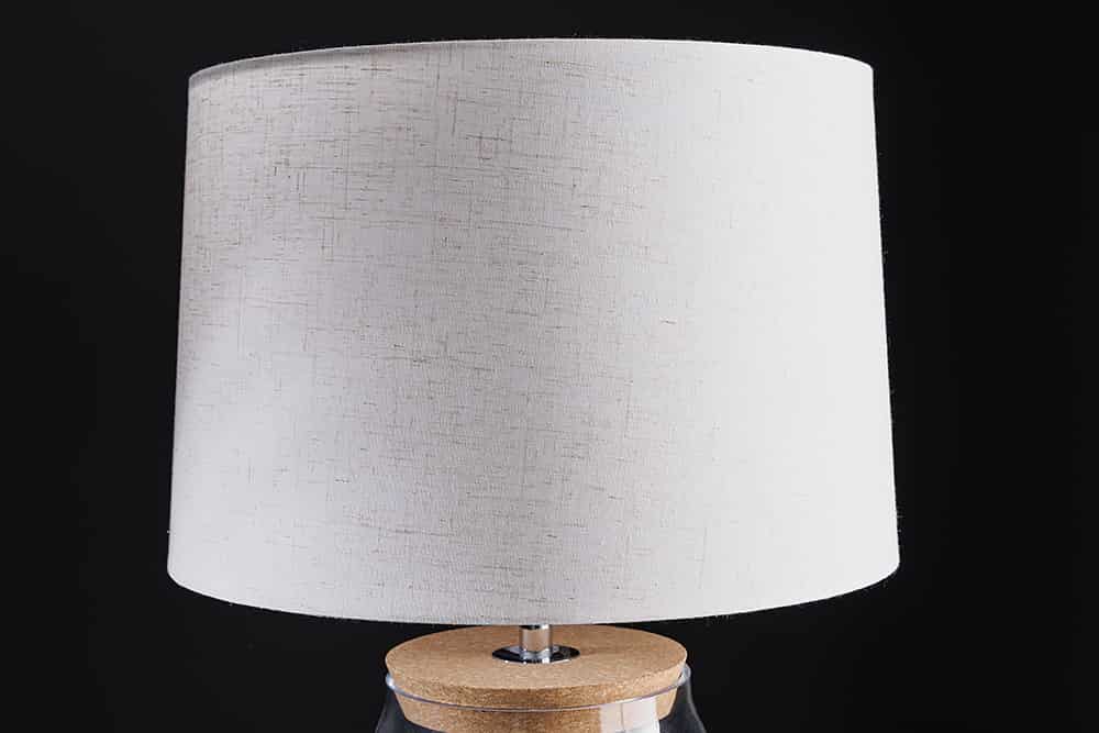 Befüllbare Tischlampe CLASSICO 60cm weiß transparent Glas mit Leinenschirm