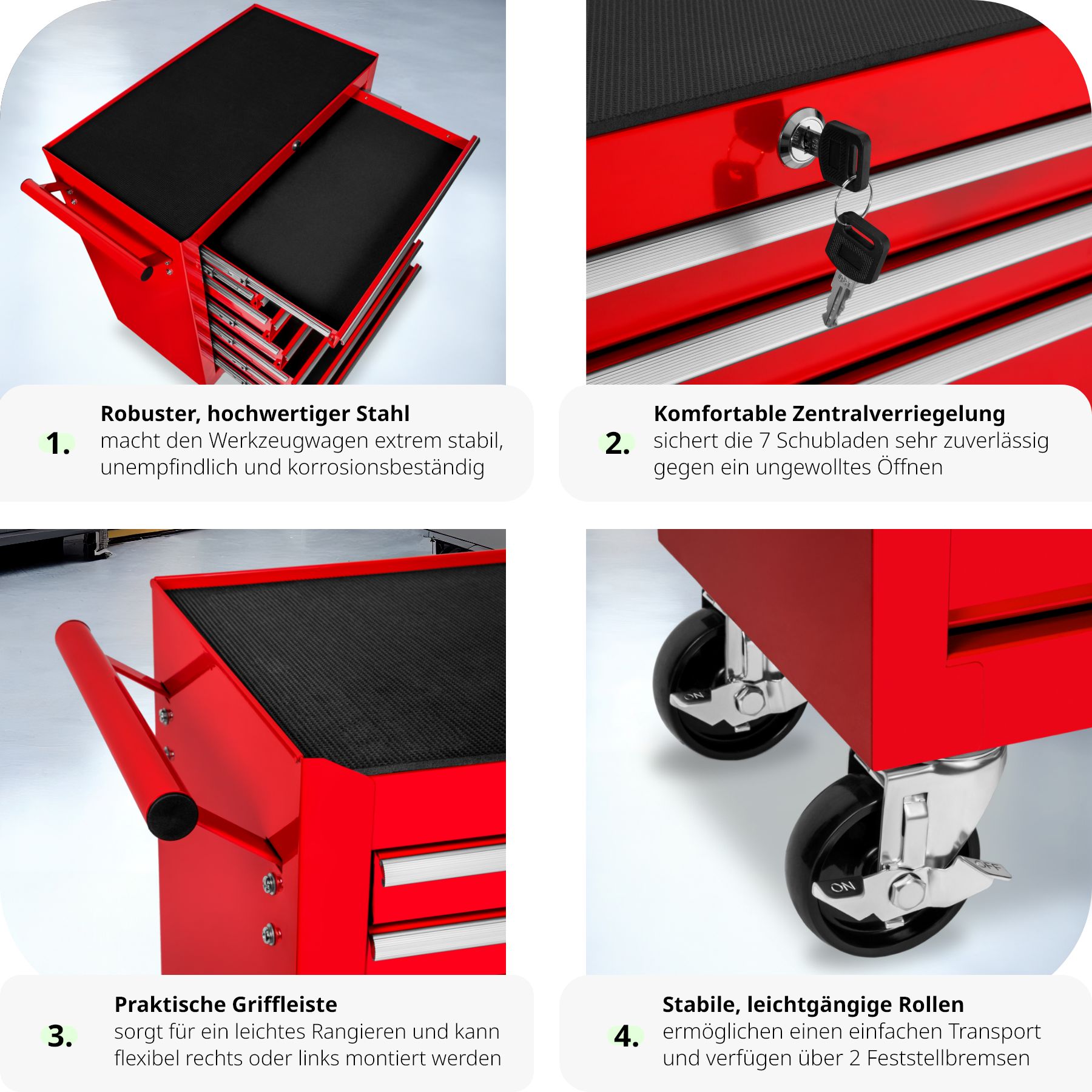 tectake® Werkzeugwagen, 7 kugelgelagerte Schubladen mit Antirutschmatten, zentrale Sicherheitsverriegelung, Rollen Ø 100 mm