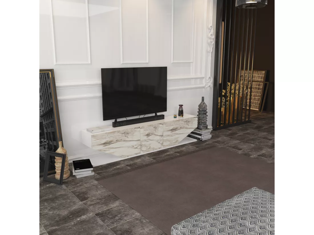Meuble TV Pearl de 180 cm avec des armoires en style ailes (Blanc et Effet marbre blanc)