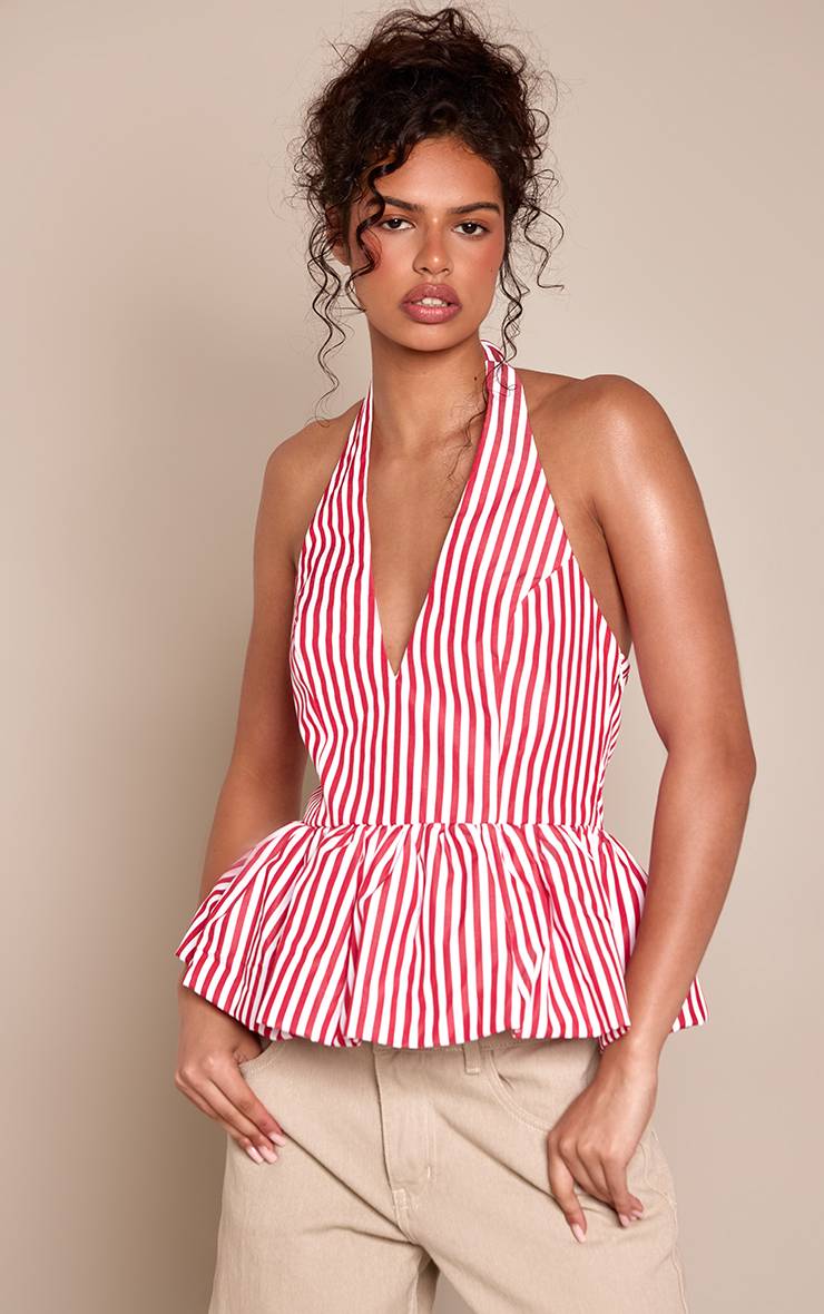 Red Stripe Top Péplum Tissé À Col Halter