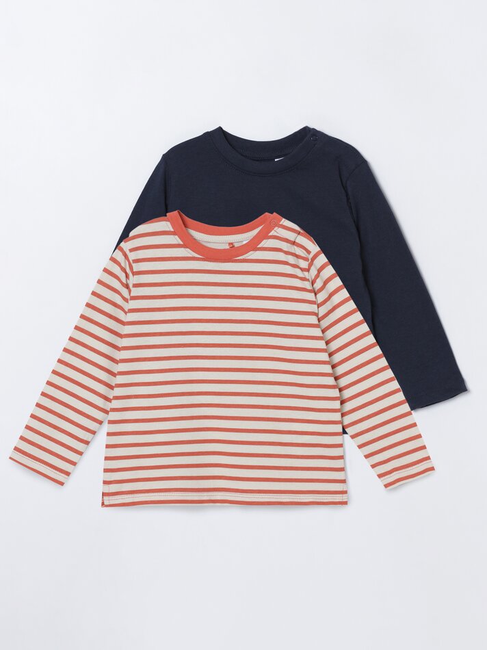 Conjunto com 2 camisetas de manga comprida lisas e estampadas - Azul Marinho Escuro