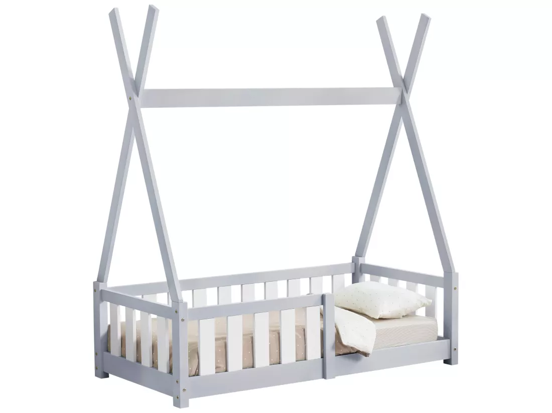 Lit Tipi pour Enfants Helsingborg avec Grille de Sécurité Pin 140 x 70 cm Gris Clair [en.casa]