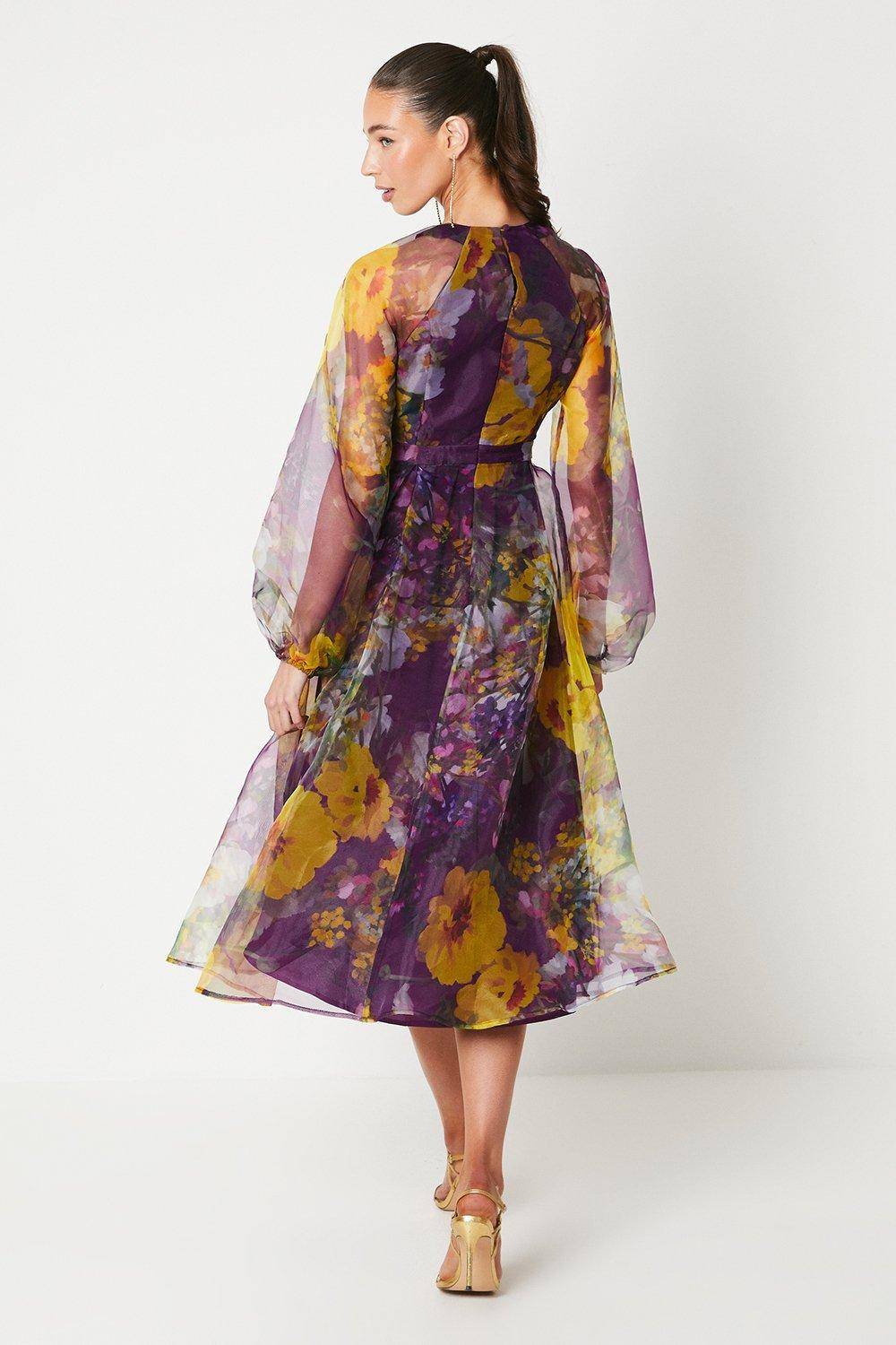 Coast Robe Midi en Organza à Taille Nouée et Manches Bouffantes