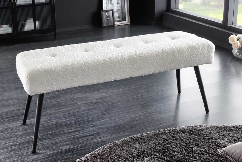 Design Sitzbank BOUTIQUE 100cm weiß Bouclé schwarze Metallbeine Polsterbank