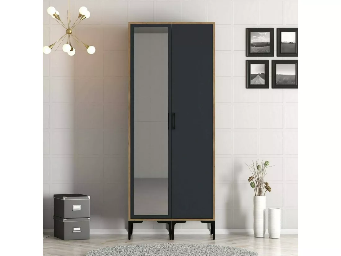 Garde-robe 2 portes Dbergonz, Meubles de chambre, Penderie de plain-pied, Placard à vêtements, 80x201h48 cm, Noyer et Anthracite