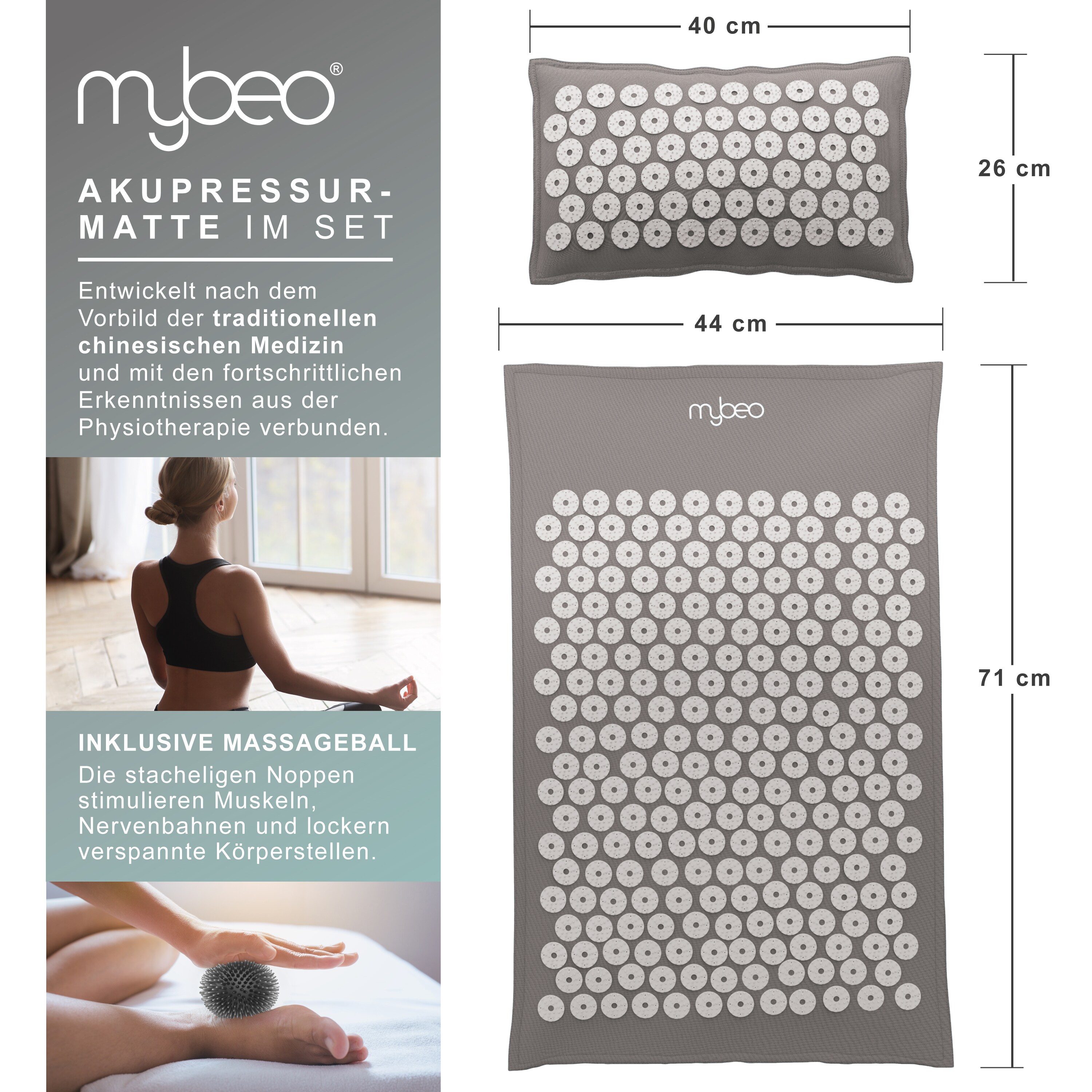 MyBeo Akupressur-Set, 71 x 44cm, Akupressurmatte mit Kissen & Massageball zur Entspannung, Stimulation und Meditation + Transporttasche, Grau