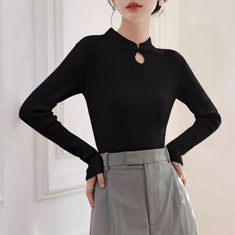 Odestra - Mock Neck Effen Uitgesneden Geribbelde Trui
