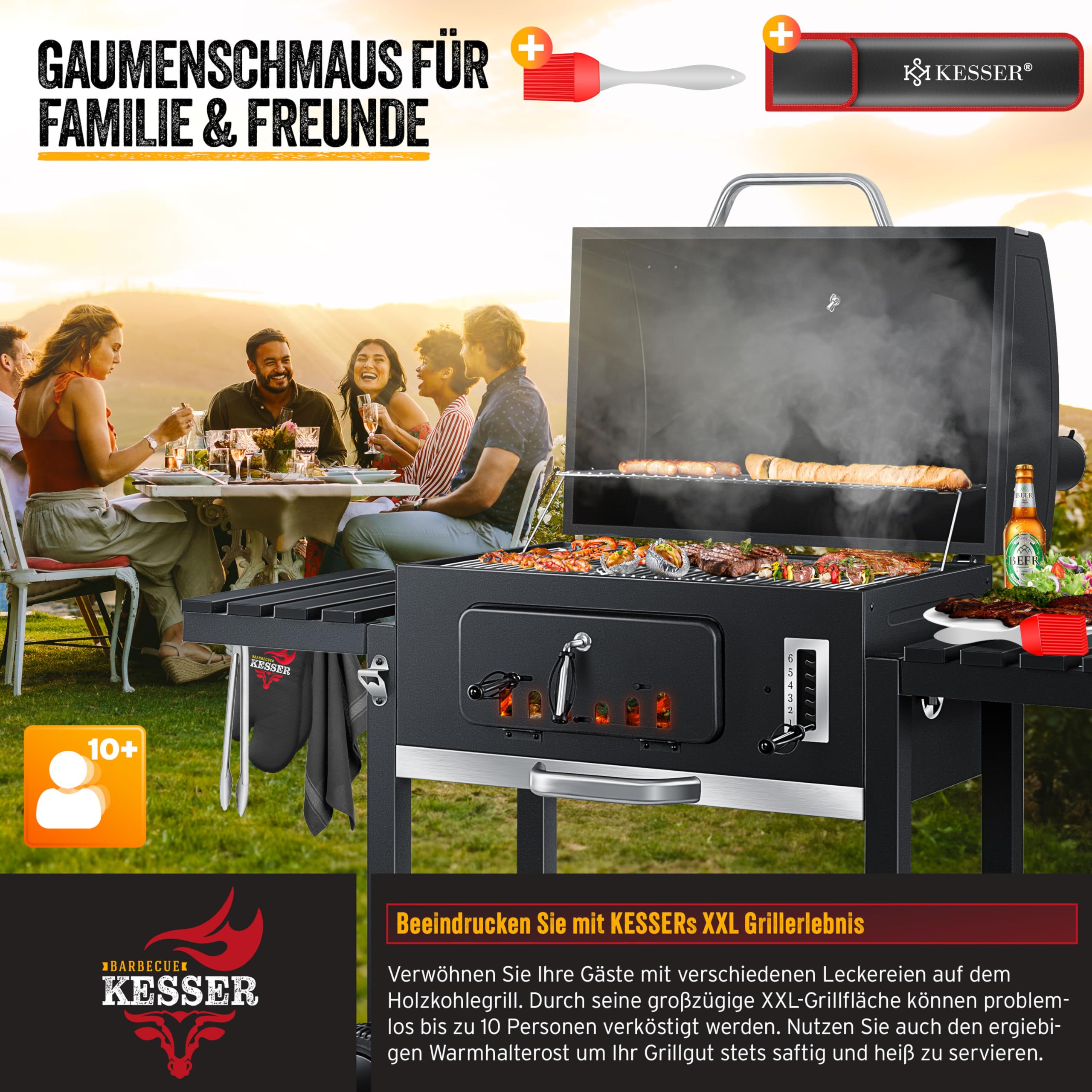 KESSER® Chariot à Barbecue | Grill XXL à Charbon de Bois avec Couvercle, Roues, poignée en Acier Inoxydable, Grille et thermomètre | Grand Barbecue au Charbon de Bois