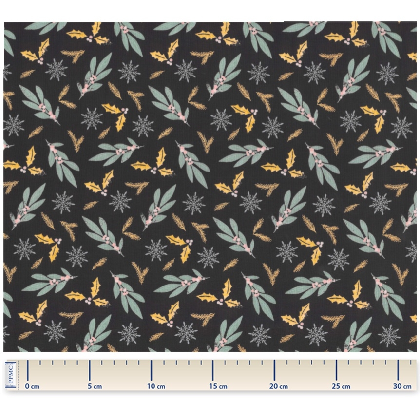 Tissu Coton Au Mètre Ex2315 Houx Feuillage Or Noir