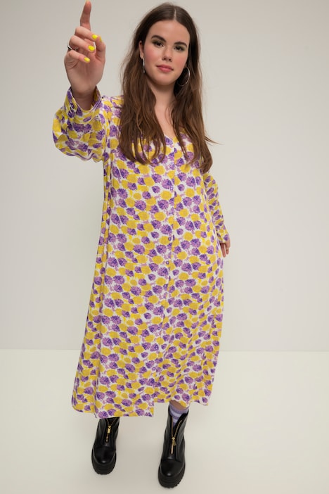 Maxikleid, A-Line, Allover-Print, V-Ausschnitt, Knopfleiste