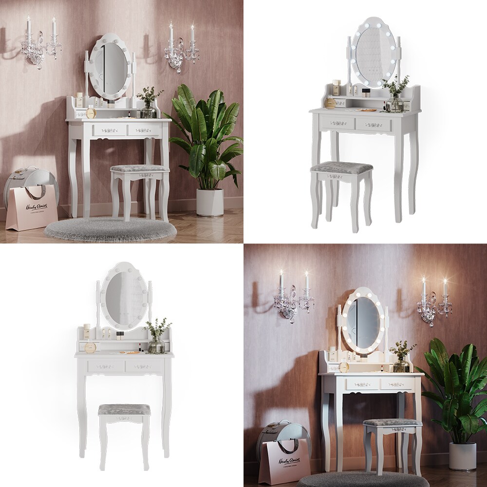 Vicco Schminktisch Frisiertisch Kosmetiktisch Maggie Weiß Schminkspiegel Hocker 75x147 Barock LED Beleuchtung Schlafzimmerkommode Schminkkommode Schublade Aufbewahrung Frisierkommode Make-Up-Tisch