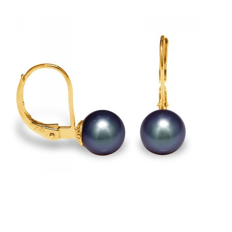 Boucles d'Oreilles Dormeuses Perles de Culture Noires et or jaune 375/1000