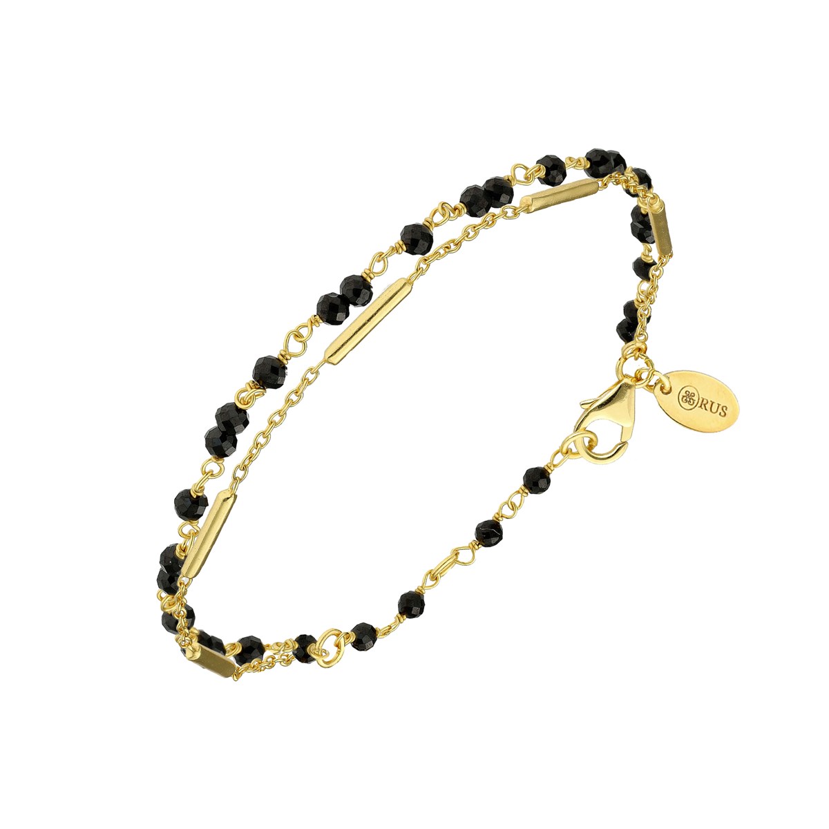 Bracelet Argent Doré Doubles Chaines Barrettes Pierres Spinelle Noire