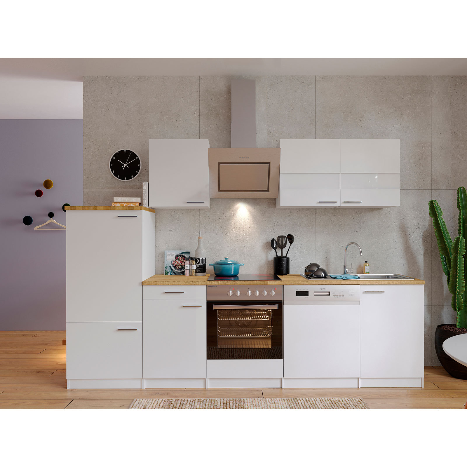 RESPEKTA Küchenblock - weiß - mit E-Geräten - 280 cm