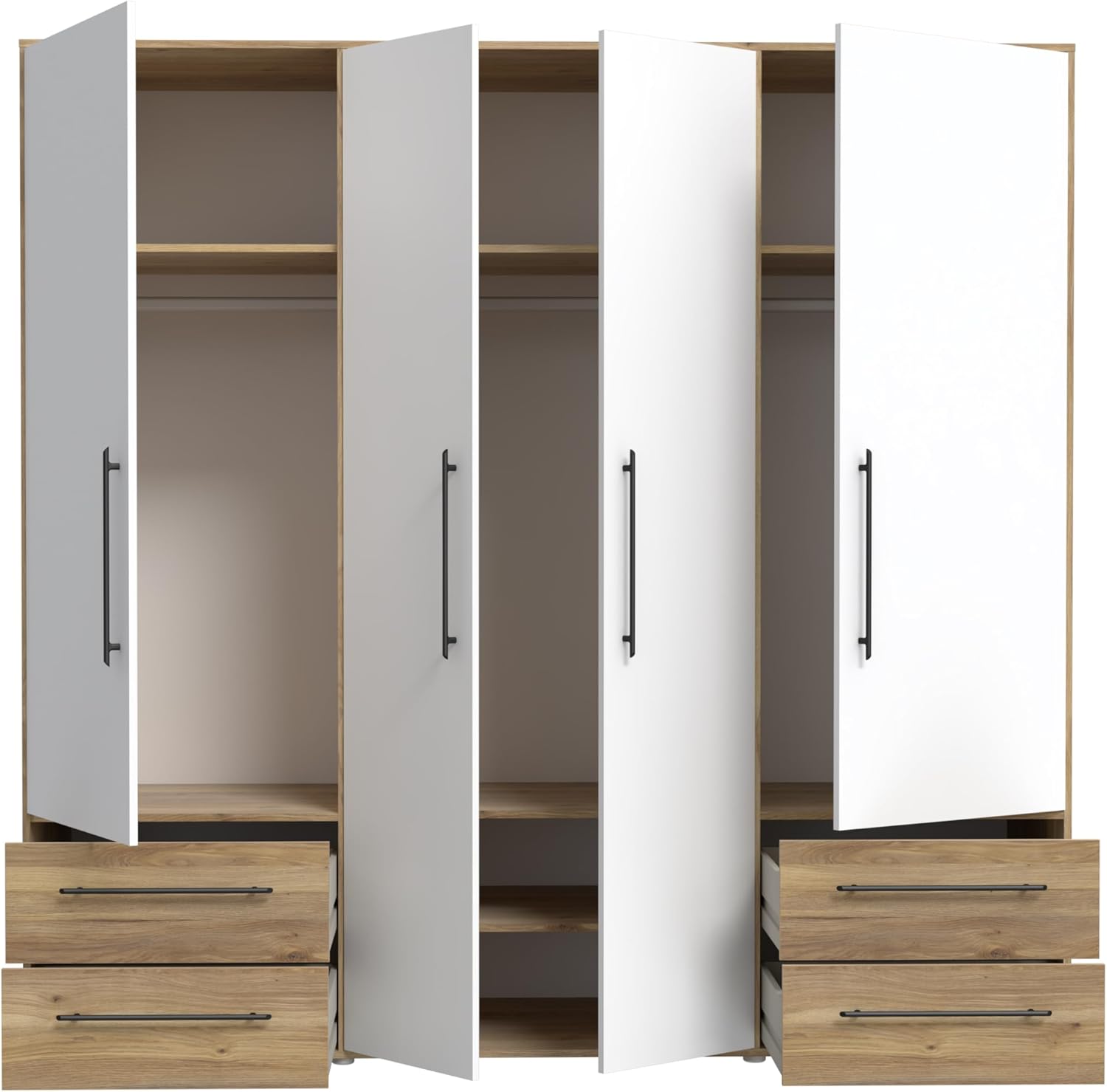 FORTE Jupiter Schrank 200 210, weißer Kleiderschrank, Drehtürenschrank, 4-türig, mit 4 Schubladen und Einlegeböden, Weiß mit Holz Dekor: Mauvella Eiche, 206 cm breit x 59 cm tief x 200 cm hoch