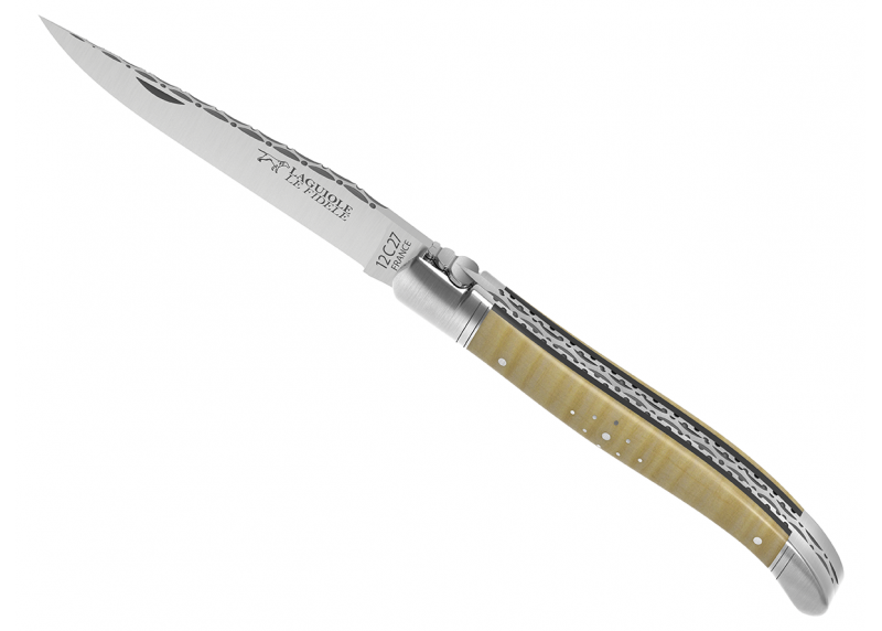Couteau Laguiole prestige avec un manche en érable onde et mitres en acier inoxydable
