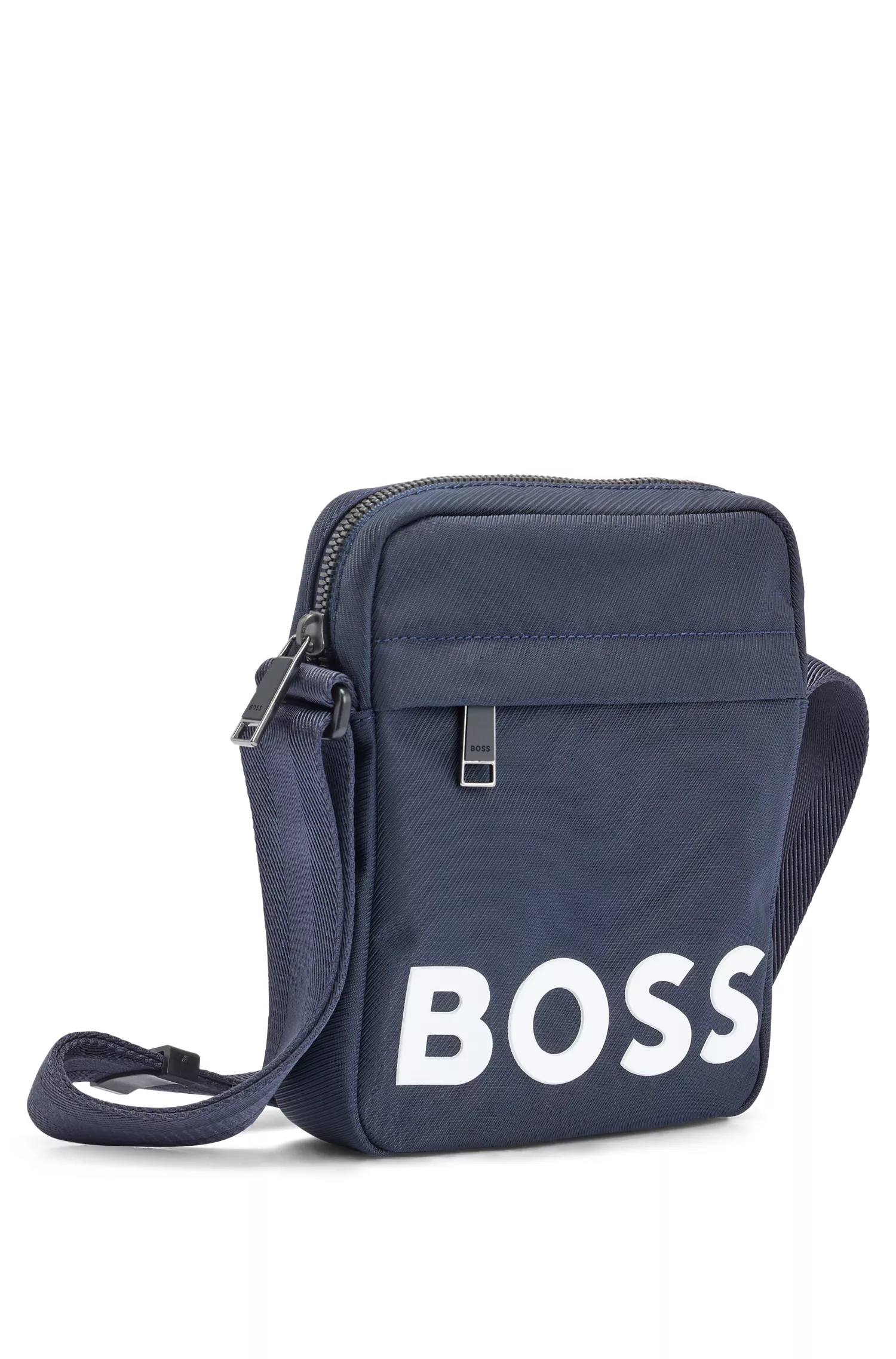Bolsa para repórter BOSS em material estruturado preto com logotipo contrastante.