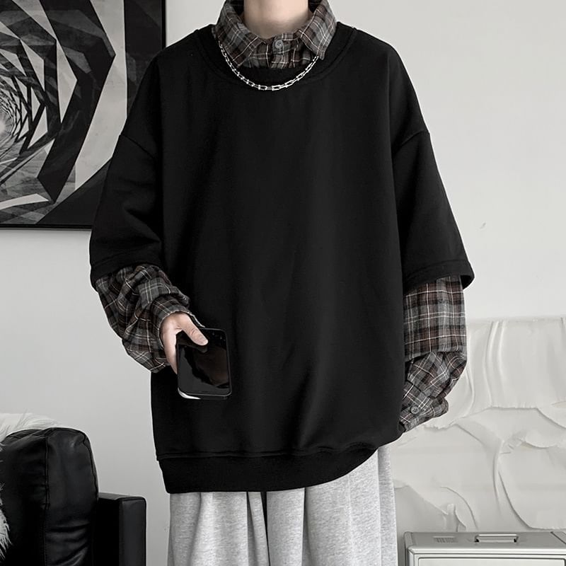 Cowpow - Sweatshirt met kraag en imitatie-tweedelig geruit paneel